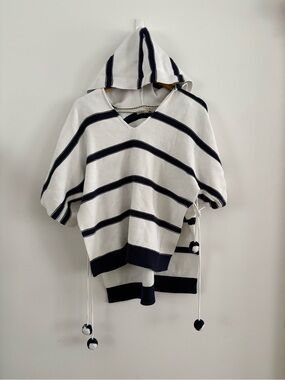 Faherty White Knit Hooded Sweater with Navy Stripe